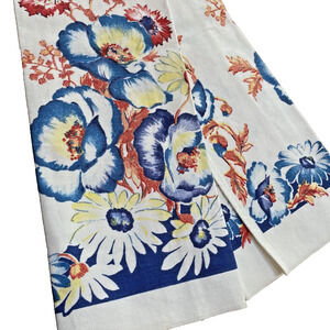 Vintage Cotton Tea Towel Printed Kitchen Cloth White Blue Red Floral Cottage